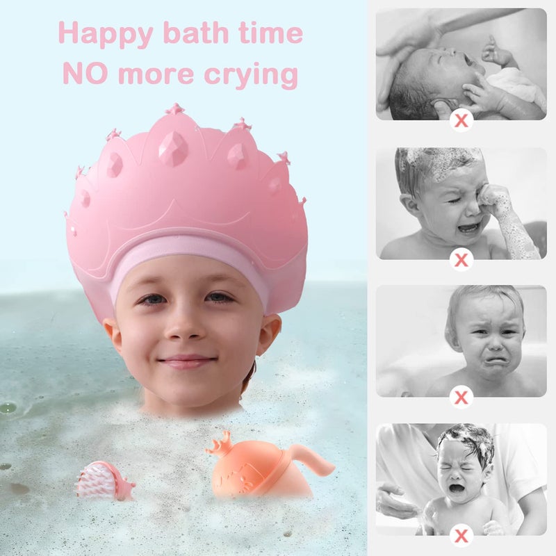 Thcbme Baby Shower Cap Shield, Baby bath set shower cap/water cup/massage brush,Visor Hat for Eye and Ear Protection for 0-9 Years Old Children,Cute Crown Shape Makes the Baby Bath More Fun (Pink) - Image 2